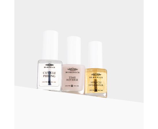 BERENICE Golden harmony set Набор для восстановления и укрепления ногтей (Cuticle peeling 15 ml, Time reverse 15 ml, Miracle Gold Elixir 15 ml), фото , изображение 2
